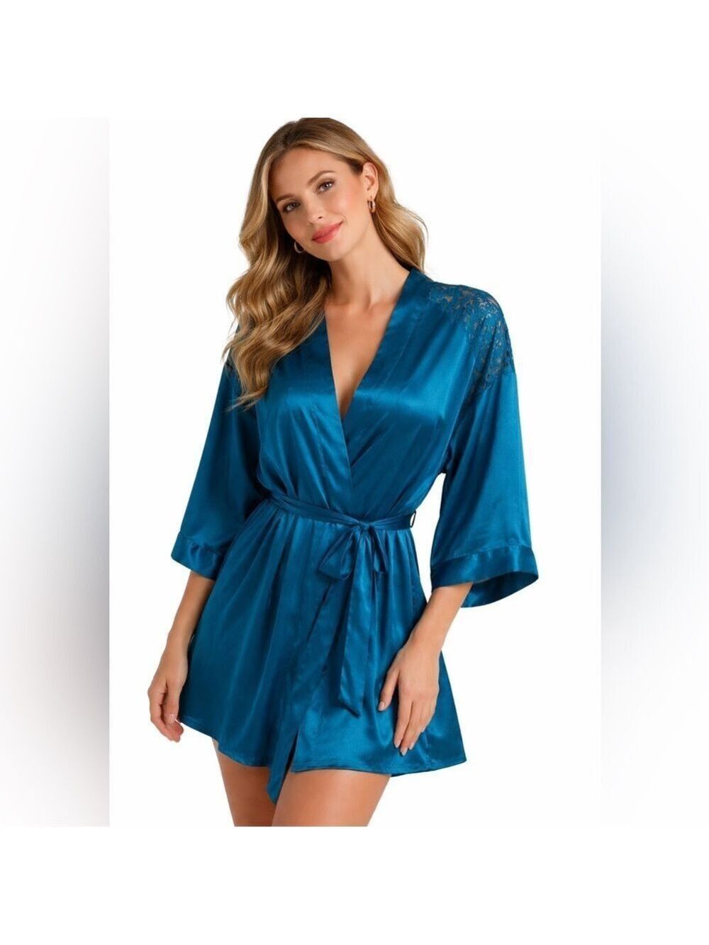 Victoria’s Secret teal blue satin robe tie front lace accents M/L NWT